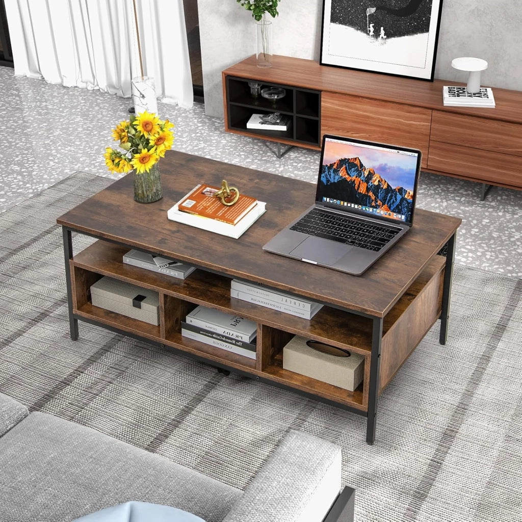Tavolino da Salotto a 3 Livelli, Tavolo da Caffè in Legno con 1 Ripiano Aperto e 6 Scomparti, Struttura in Metallo, Supporto TV Industriale per Soggiorno, 105 x 60 x 45 cm, Marrone Rustico