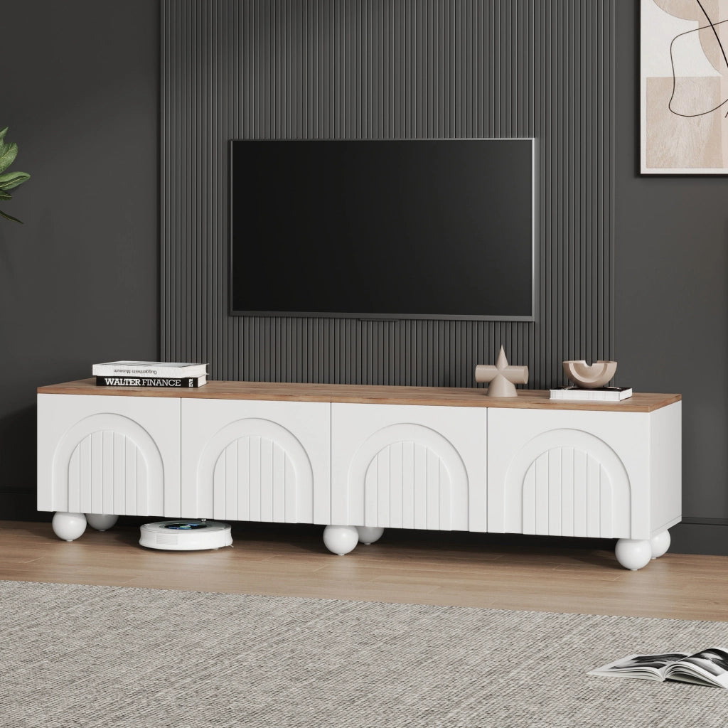 Mobile TV 180x40x45 cm con 4 ante e 6 gambe in metallo MDF bianco e naturale
