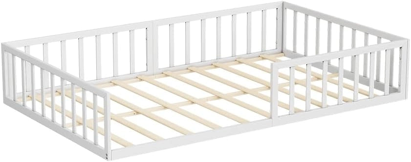 Letto a pavimento Minno 120x200, letto bambini in metallo, letto Montessori con protezione anticaduta, bassa altezza d’ingresso, bianco