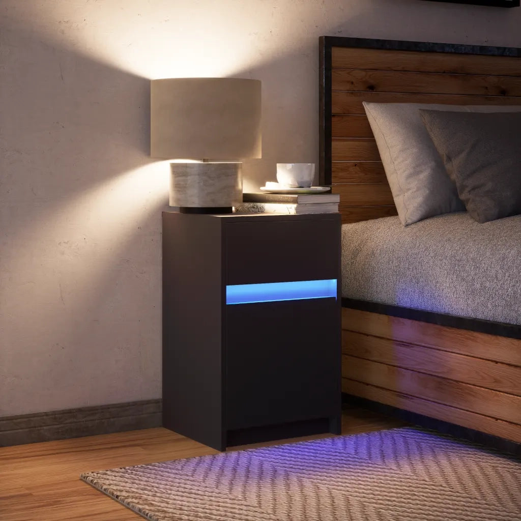 Comodino con Luci LED Nero in Legno Multistrato