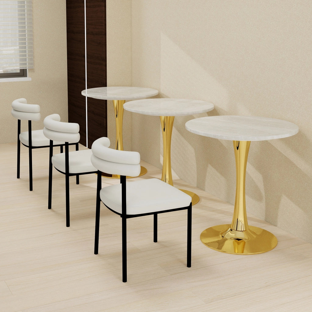 Tavolo da pranzo - rotondo 70 cm - stile mid-century - marmo venato bianco - per 2-4 persone - dorato