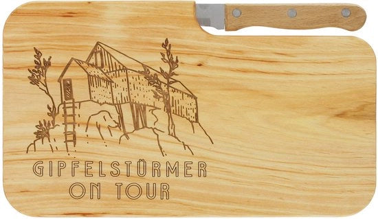 Tavolo da aperitivo in legno con incisione "Gipfelstürmer on Tour" e misuratore | 26 x 15 cm | Tavolo da colazione, tavolo da taglio in legno, tavolo da aperitivo | Regalo per il padre per i camminatori e gli appassionati di montagna