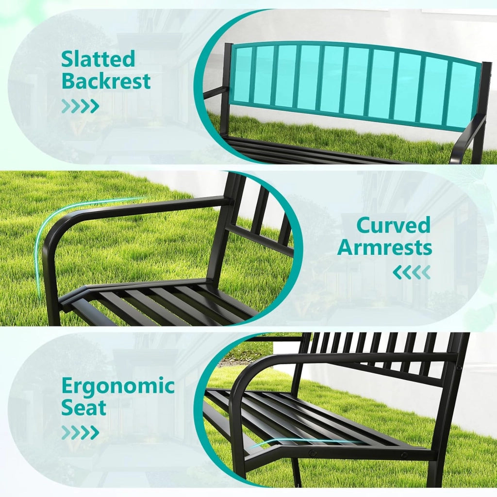 Panca da giardino in metallo, resistente alle intemperie, per 2 persone, panca da balcone con schienale e bracciolo, panca da balcone in metallo, portata fino a 300 kg, 127 x 59 x 85,5 cm