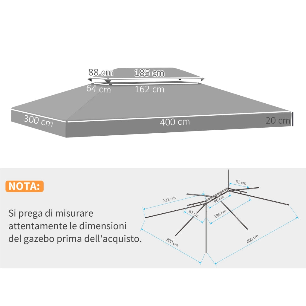 Tetto di Ricambio Impermeabile per Gazebo da Giardino 4x3m in Poliestere  Grigio