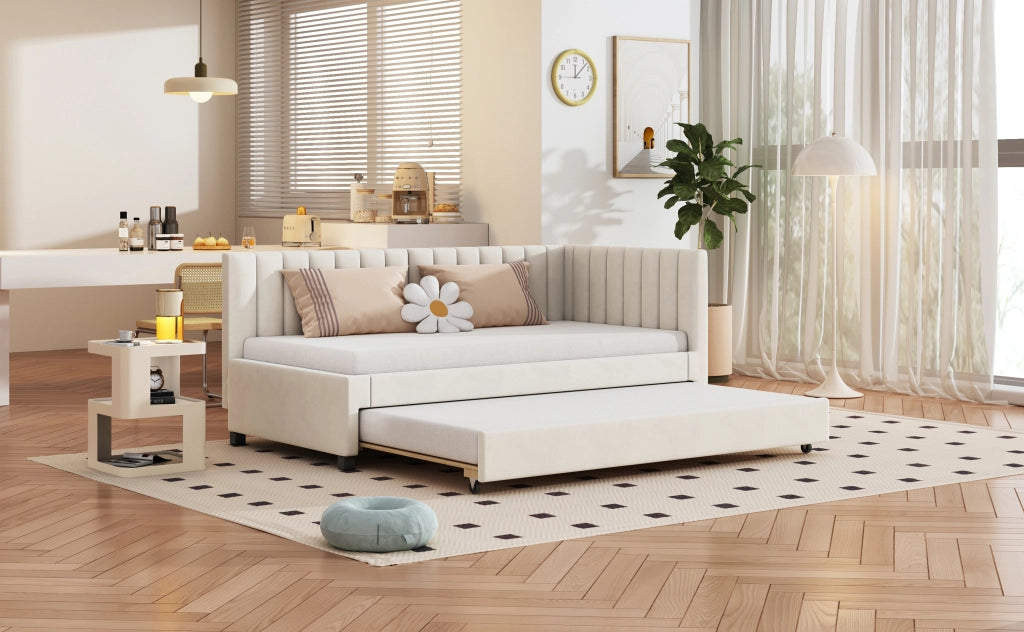 Letto poltrona con rete a doghe velluto beige 90x200 cm