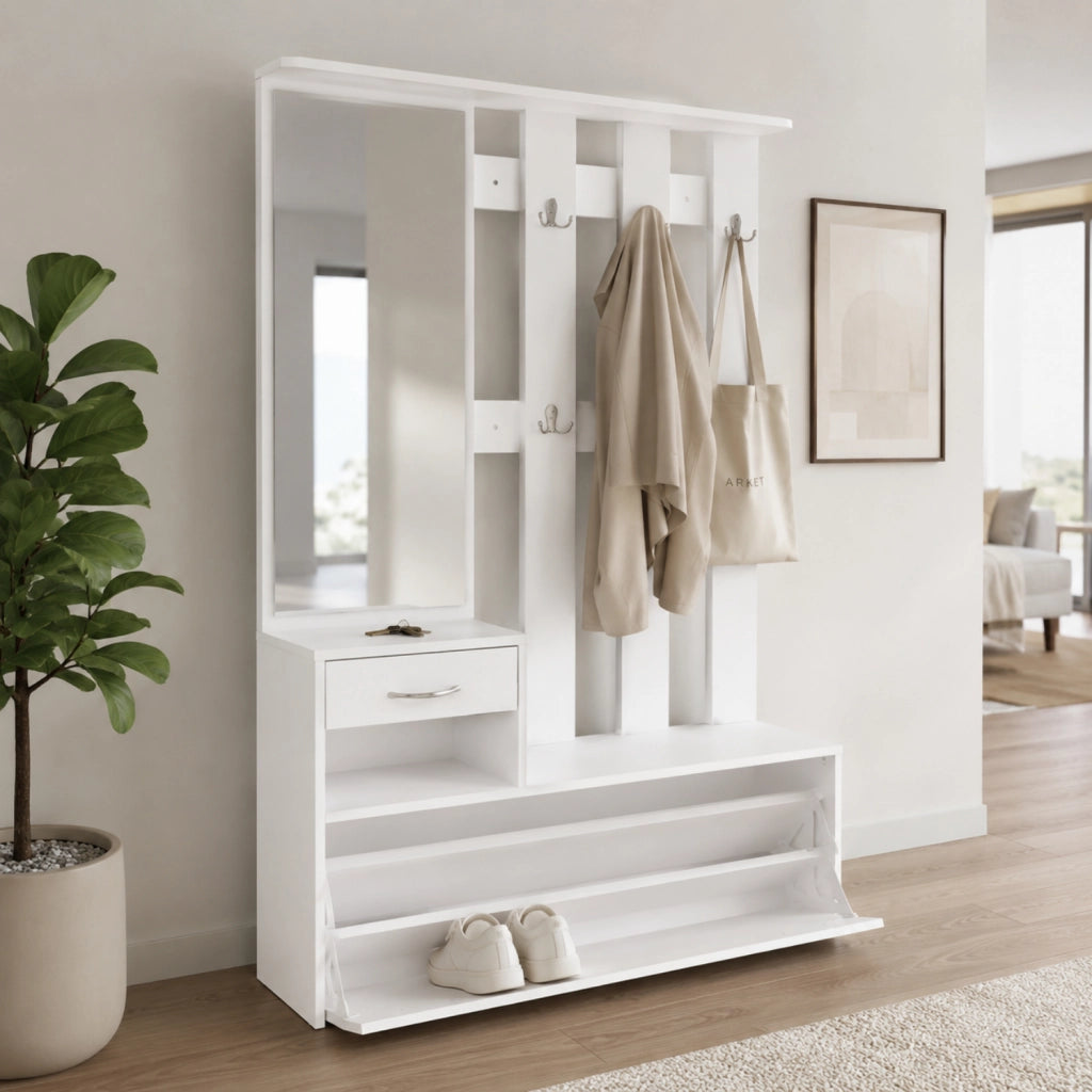 Mobile Ingresso Attaccapanni Con Scarpiera E Specchio Salvaspazio Per Entratina 97 x 35 x 25 cm Bianco
