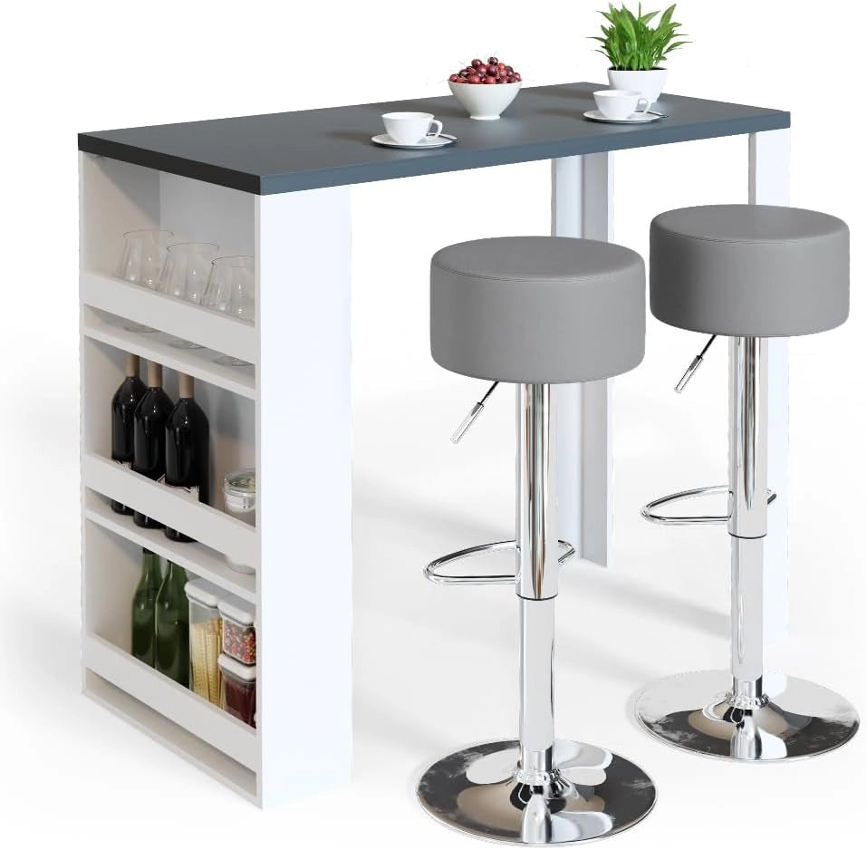 Tavolo bar con sgabelli, Bianco/Grigio, 57 x 117 cm con 2 sgabelli da bar, adatto come area pranzo aggiuntiva in cucina o soggiorno