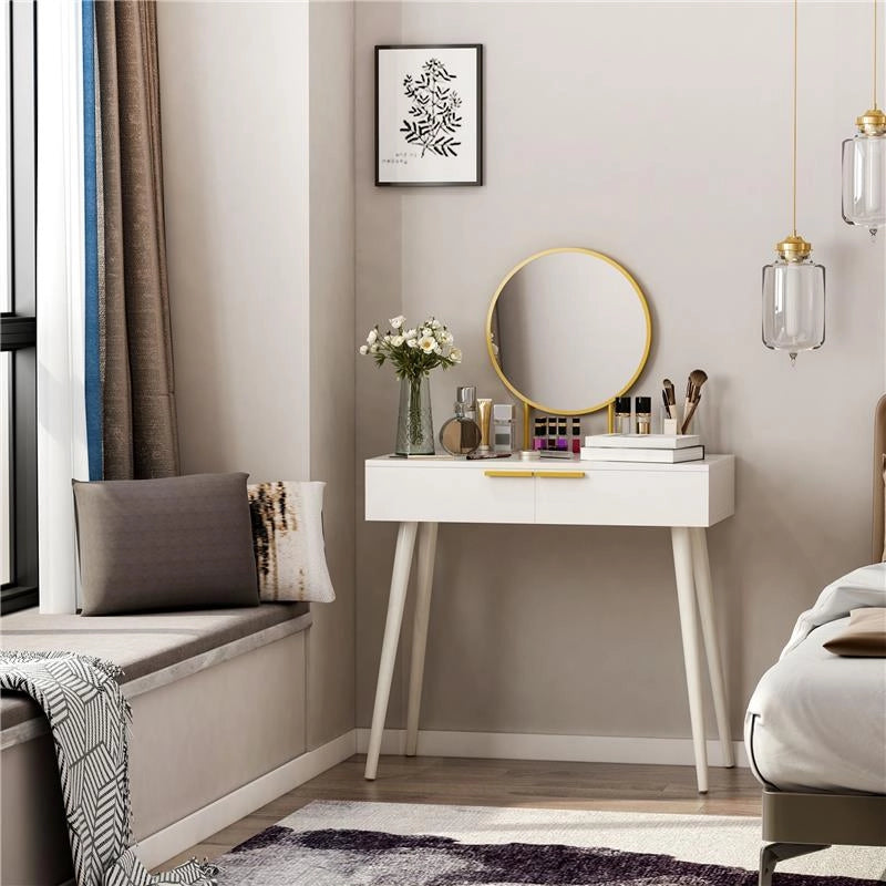 TAVOLO TRUCCO CON SPECCHIO E 2 CASSETTI PER ACCESSORI, IN LEGNO, 80X40X123 CM, BIANCO
