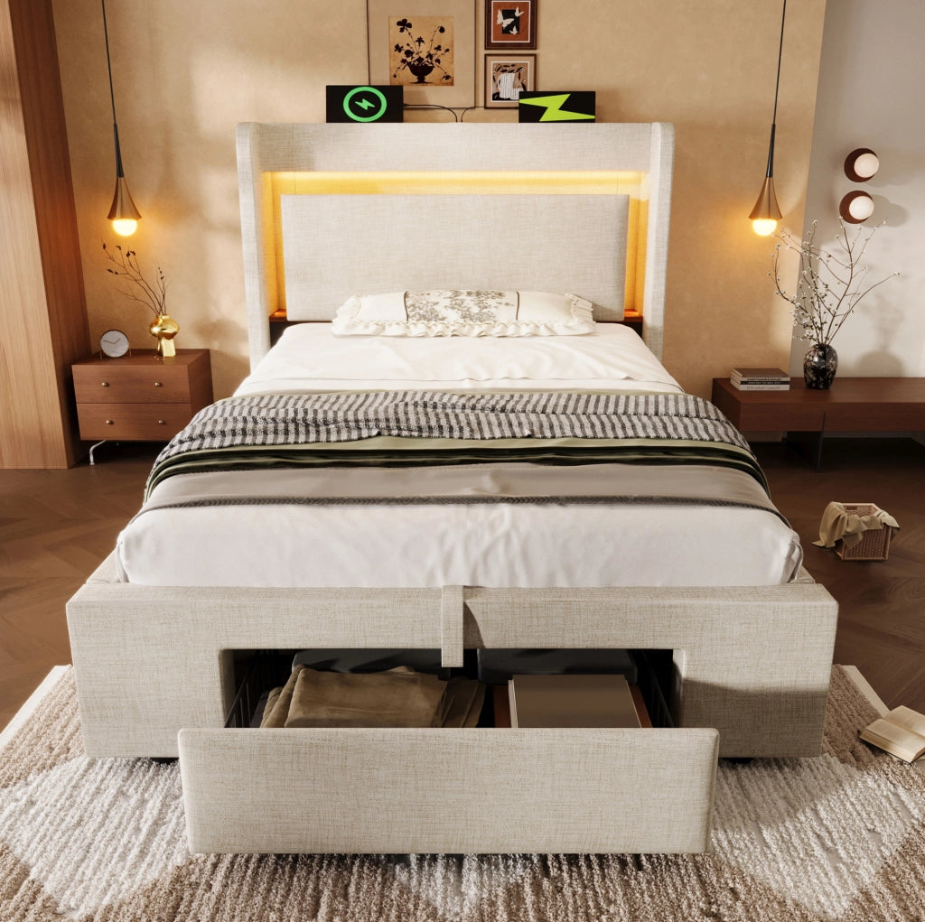 Letto imbottito 90x200 beige con LED, USB-C, contenitore e materasso