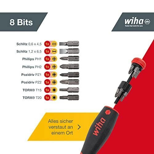 Wiha SB3803050 PocketMax Giravite con Portainserti Magnetico 8 Pezzi 1-4'' con Inserti A Taglio Phillips Pozidriv TORX colore Nero