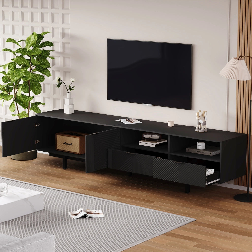 Mobile TV con 2 ante; vani aperti e passacavi - per soggiorno - 200×40×51 cm - nero