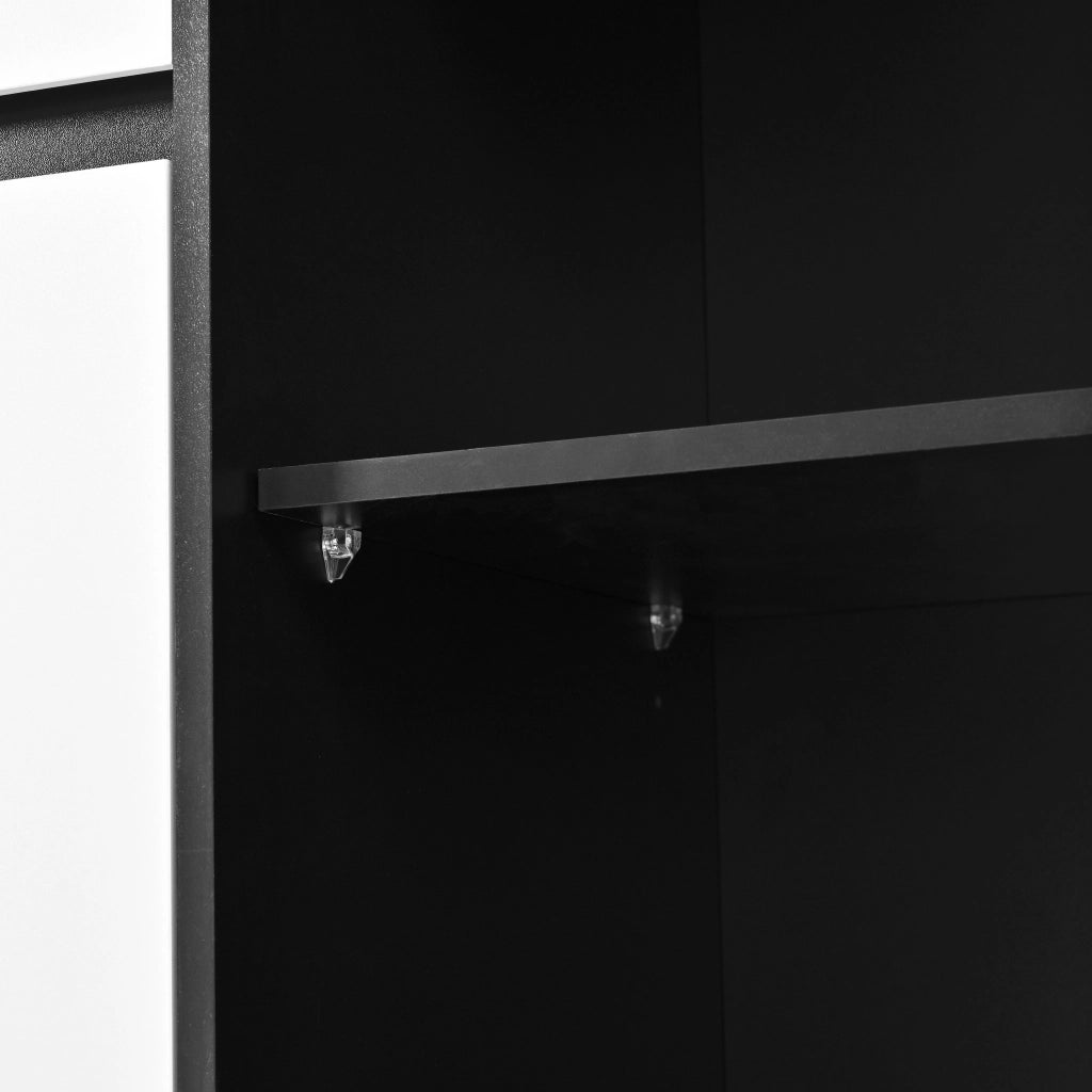 Credenza alta con 2 ante in vetro, LED da app, 1 cassetto e 2 vani, per cucina e soggiorno, MDF, nero e bianco