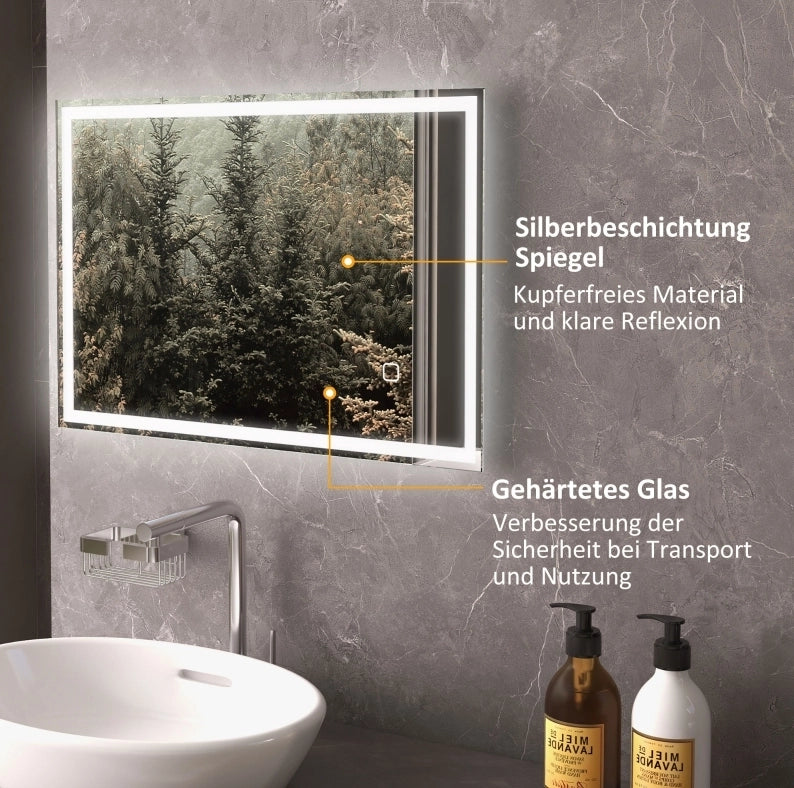 Specchio da bagno LED 70x50 cm in vetro argentato， touch， antiappannamento