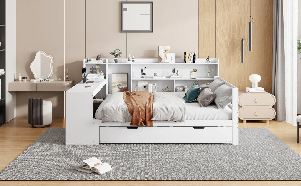 DESMIU Letto combinato 140 × 200 cm 2 posti con scrivania, mensole, prese USB e Type-C, senza materasso, bianco