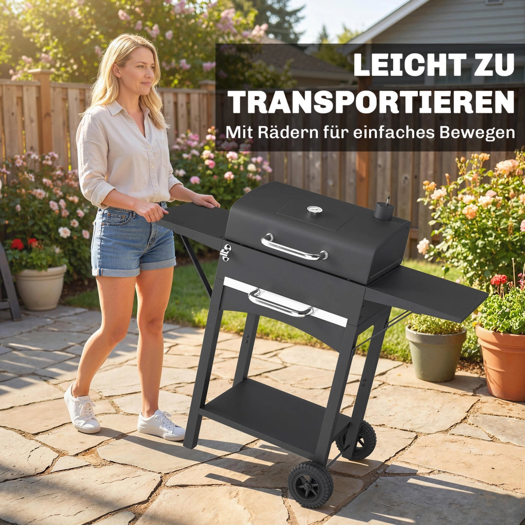Barbecue Smoker con Coperchio e 2 Tavolini ¨C zephmum ¨C Grigio, Acciaio, 120x80x110 cm