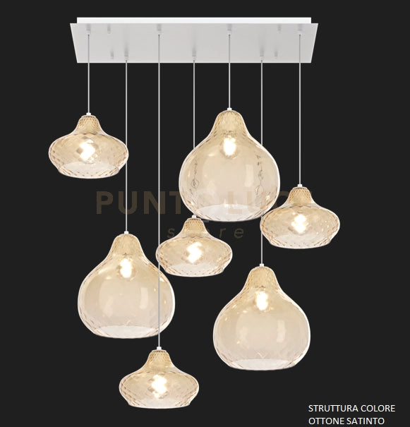 SOSP. OTTONE SATINATO 7 LUCI RETTANGOLARE VETRI (4 X PICCOLO + 3 X GRANDE) TUTTI AMBRA 1191OS-S7 RMIX-AM