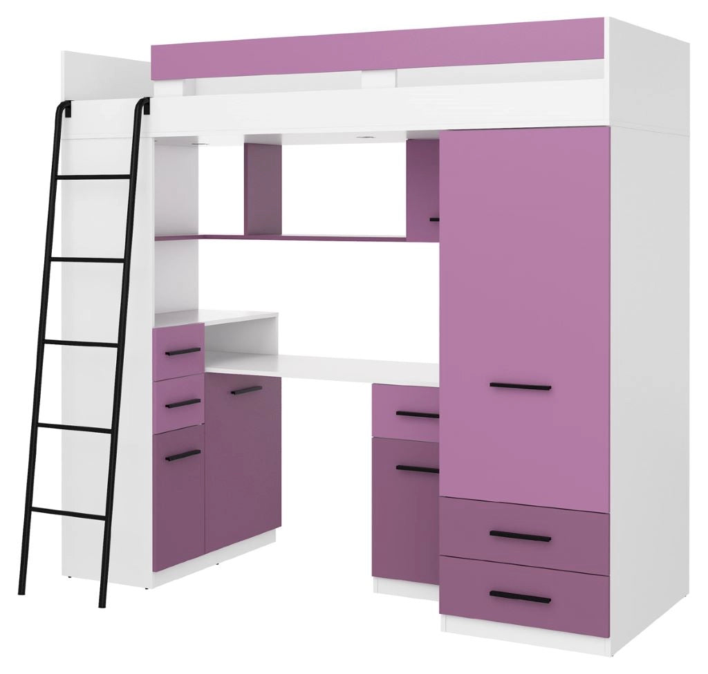 BIM Furniture letto soppalco con scrivania SMYK L cm110x204x188h Bianco Lavanda