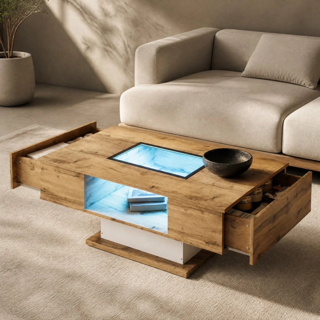 TAVOLO Basso con 2 Cassetti e LED, 110,2 x 60 x 39,7 cm, bianco e legno