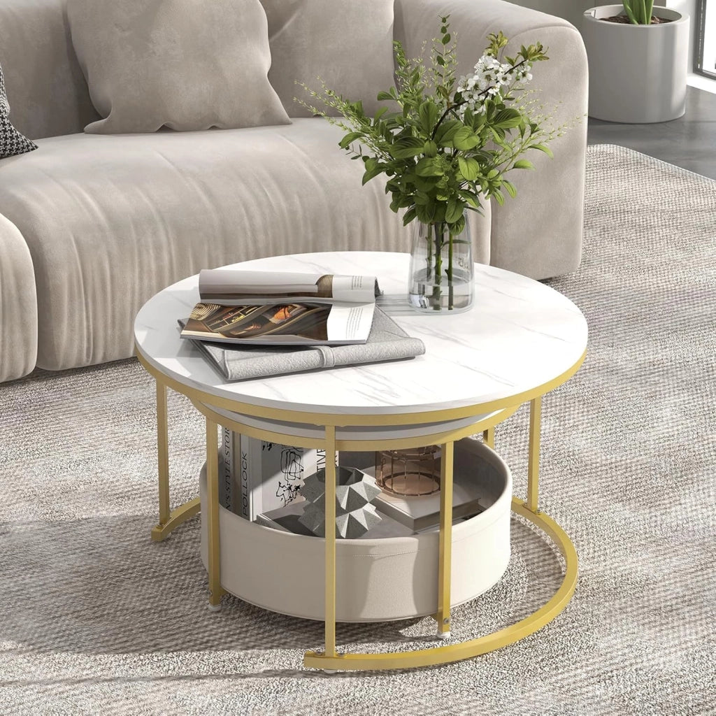 Tavolino rotondo da caffè, set di 2 tavolini con cestino portaoggetti, telaio in metallo, φ80 cm + φ60 cm, comodini per soggiorno, ufficio, camera da letto