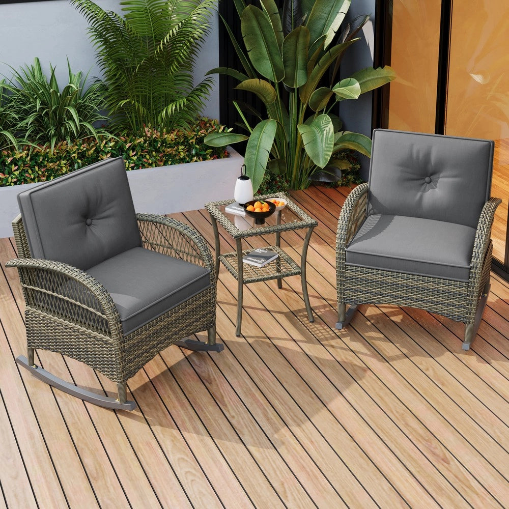 Set balcone 3 pezzi in rattan ¨C Minimal ¨C cuscini grigi, capacit¨¤ di carico 160 kg