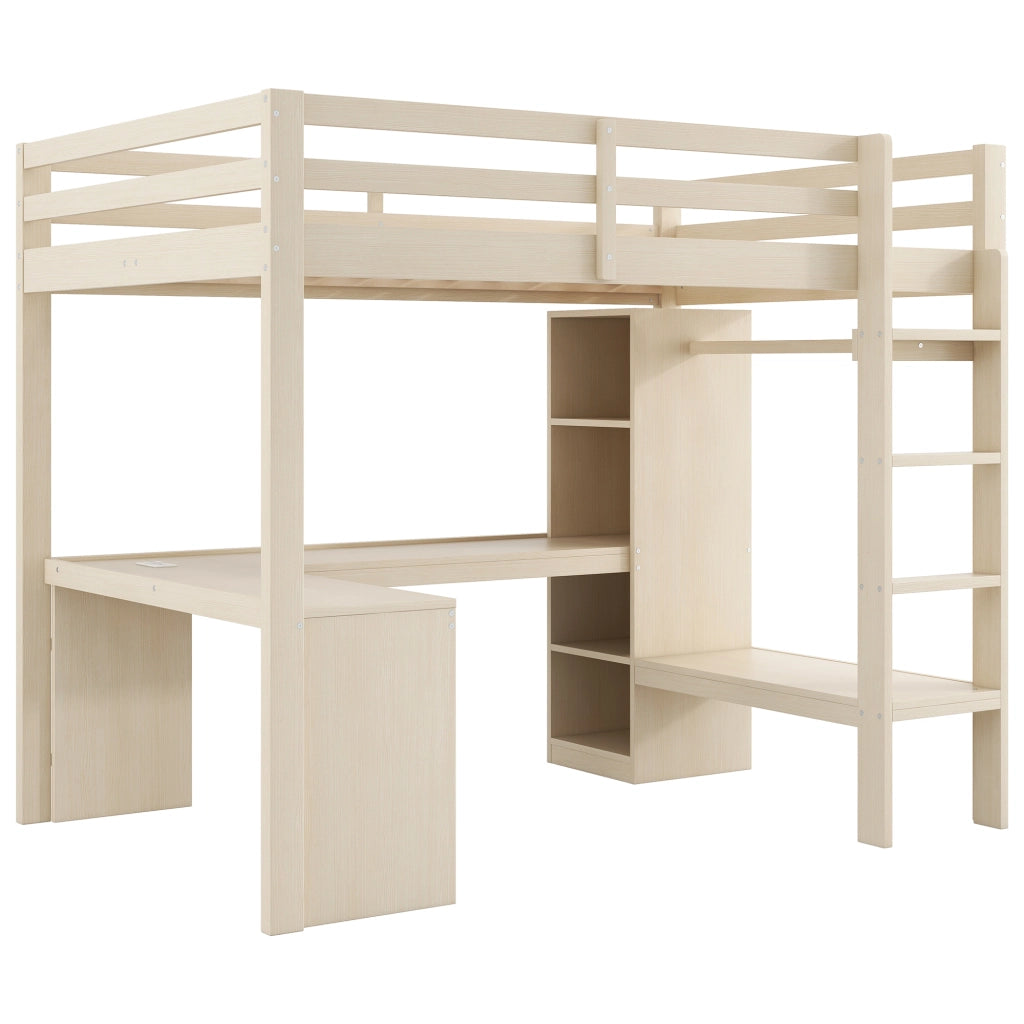 Letto a soppalco con scaffali, scrivania, LED e USB, 140x200 cm, naturale