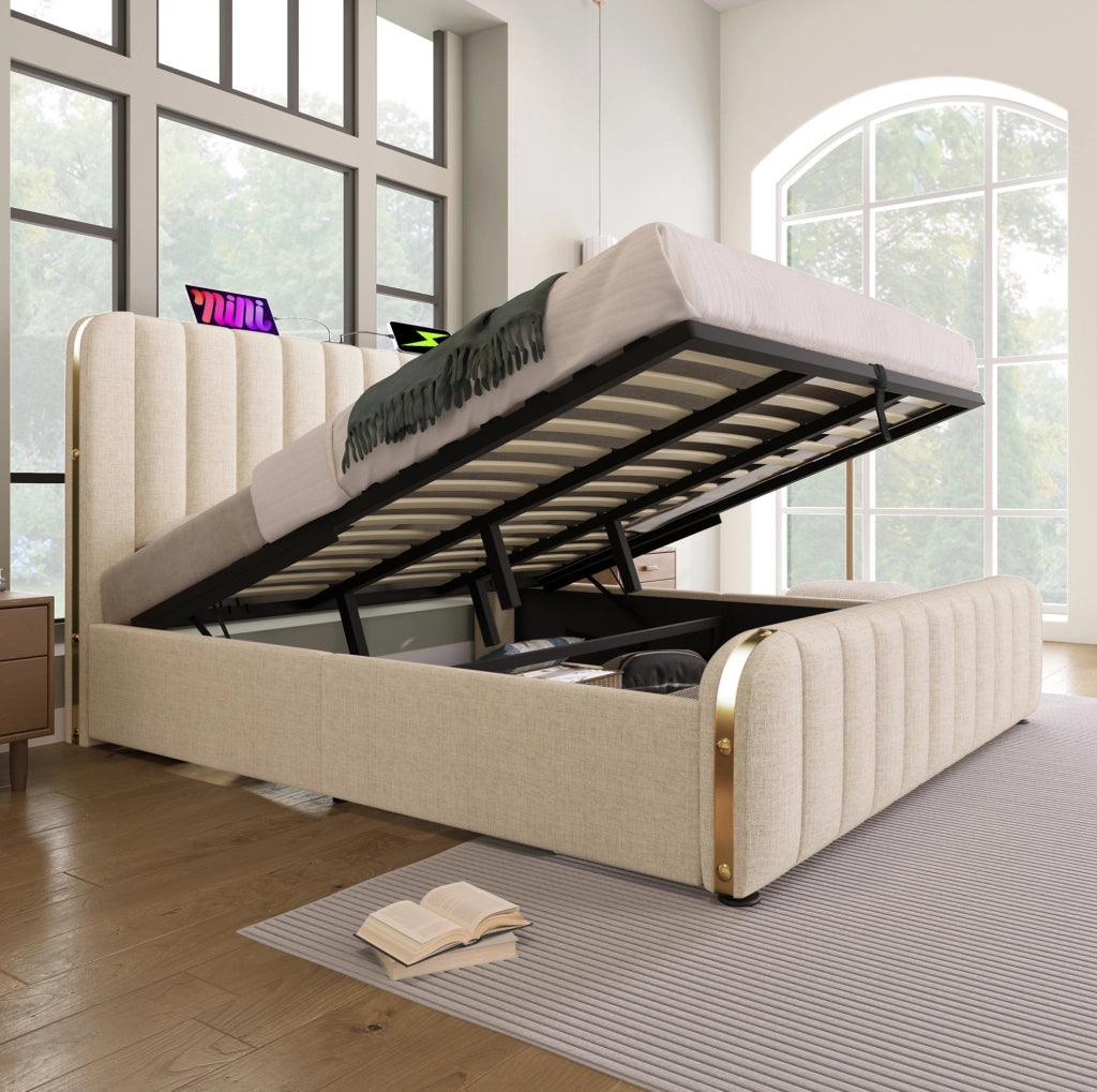 Letto matrimoniale contenitore 180x200 cm beige con USB-C