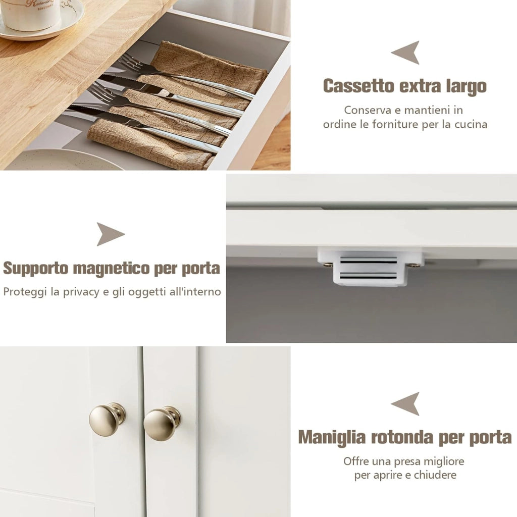 Carrello da Cucina, con Portabottiglie Tre Ante e Ruote, Credenza Cucina in Legno di Pino e MDF, Ideale per Soggiorno e Cucina, 67 x 37 x 86 cm (Bianco)