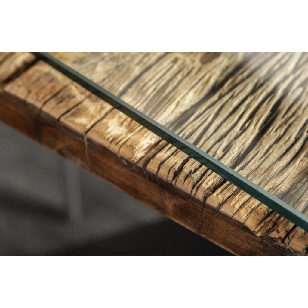 Tavolo da pranzo RAFTA 220 cm – Piano in legno massello di teak e vetro temperato – Gambe a X in metallo nero