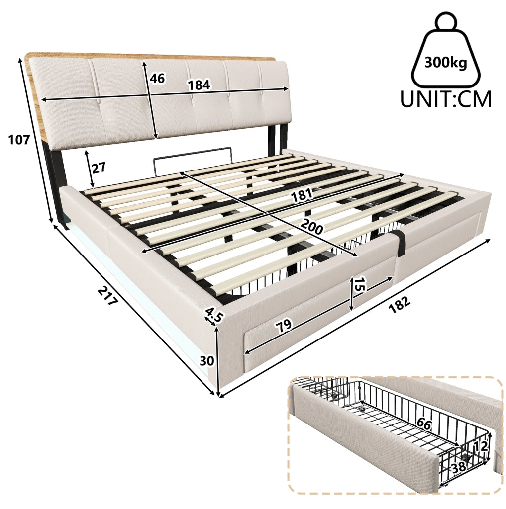 Letto imbottito con contenitore, USB e LED, 180x200 cm, beige
