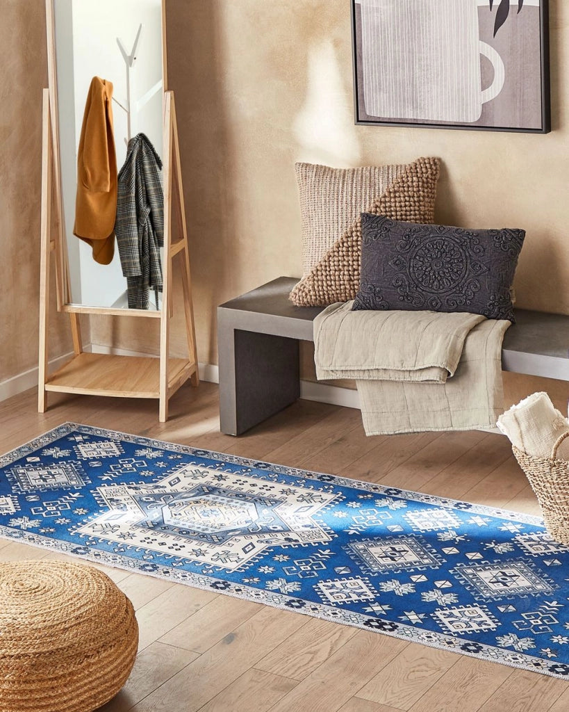 Tappeto passatoia blu poliestere 80 x 300 cm motivo geometrico fondo antiscivolo corridoio moderno