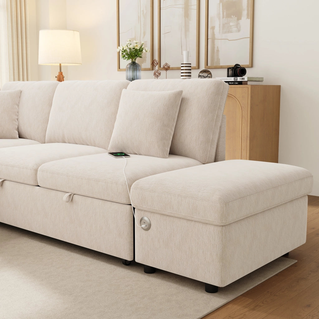 Divano angolare modulare con letto estraibile, poggiapiedi contenitore e porte USB e Type-C in ciniglia beige