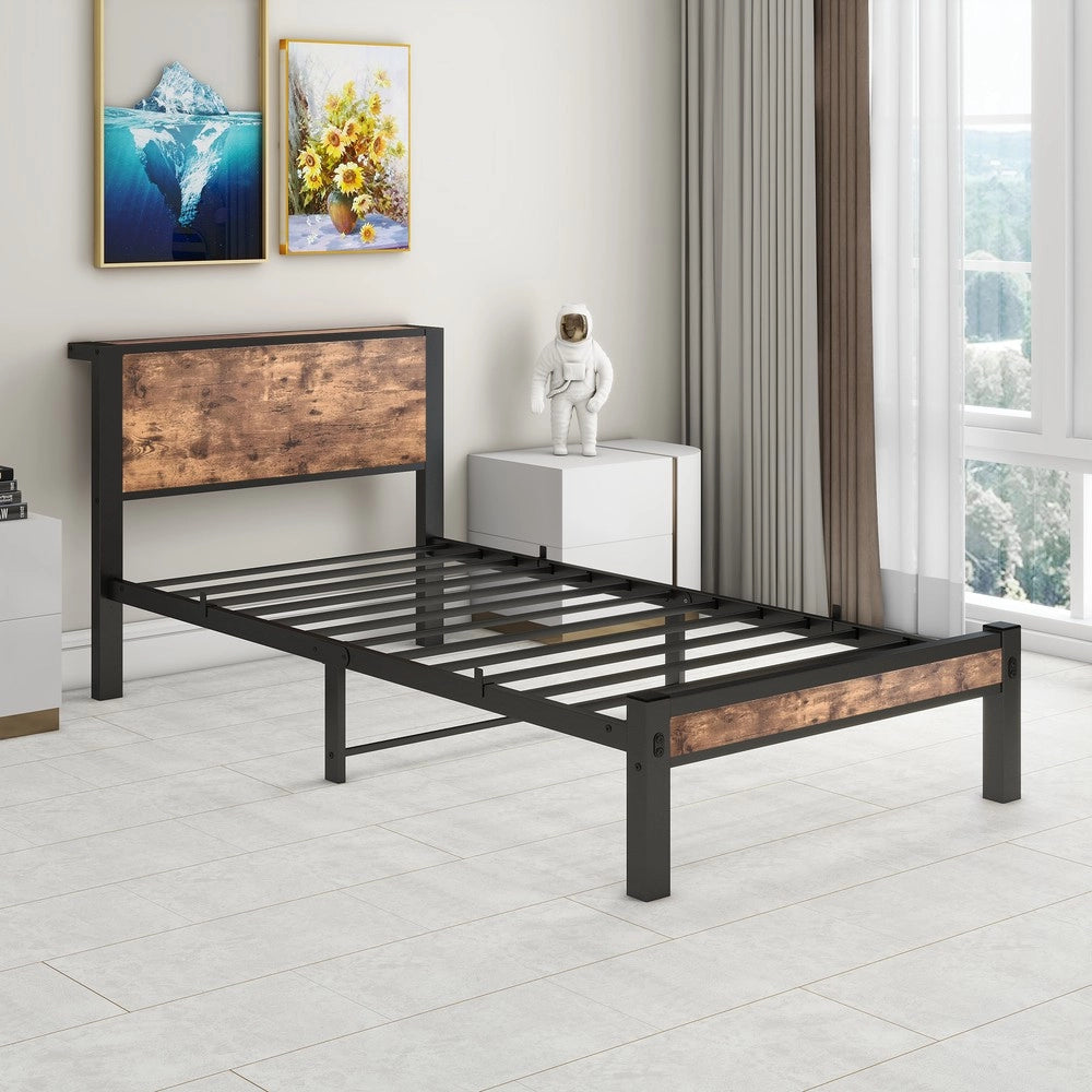 Giroletto Singolo in Metallo con Testiera Contenitore ¨C MINIMAL ¨C 90x200, Marrone Vintage