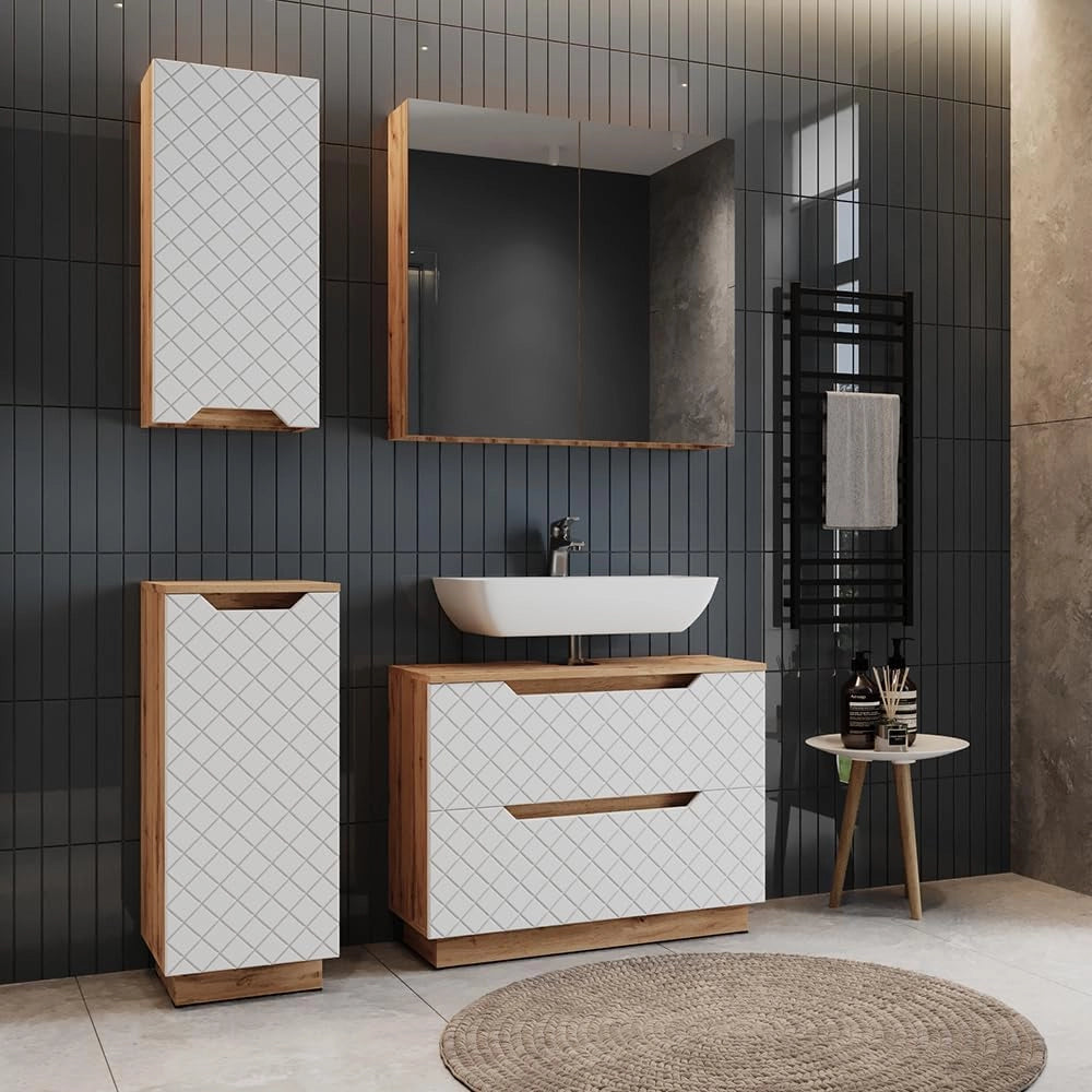 Set di mobili da bagno Lotta, Rovere/bianco con struttura in piastrelle, 4 parti