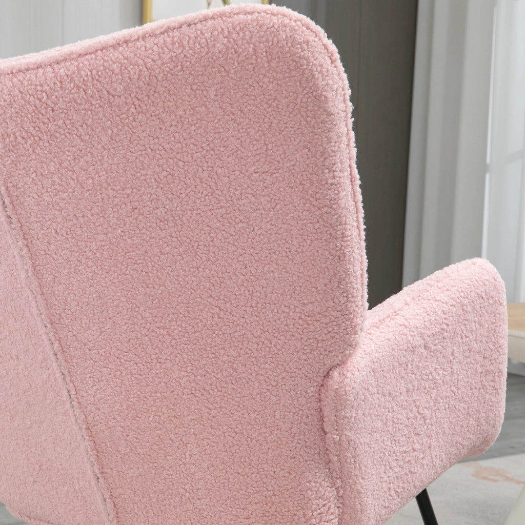 Sedia a dondolo imbottita rosa con struttura in acciaio e base in legno, portata 120 kg