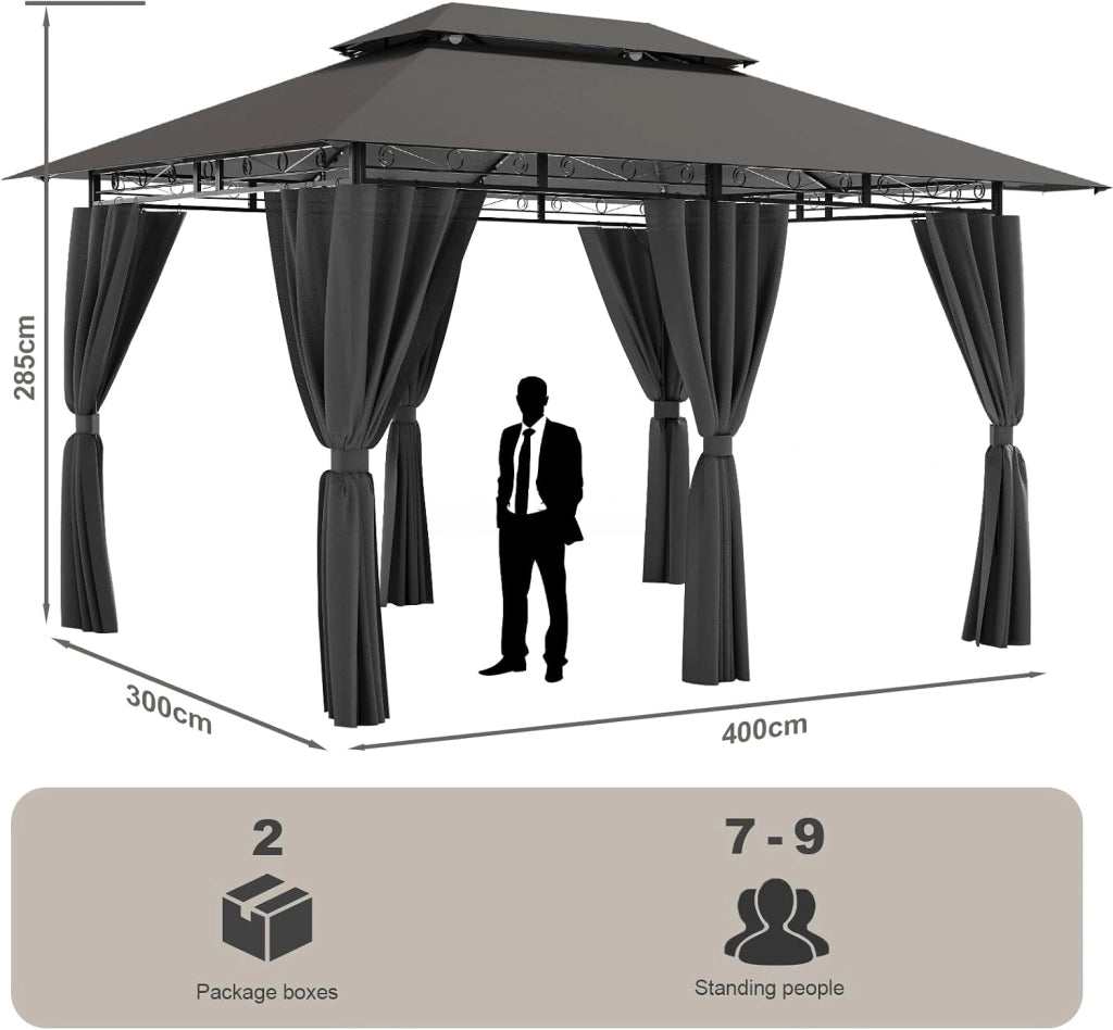 Devoke Gazebo da Giardino 3x4,Telo Gazebos 3x4 Impermeabile,Gazebo Esterno Resistente,Telaio in Metallo, Gazebos,Grigio
