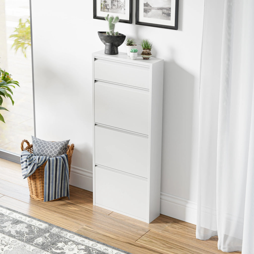 Scarpiera Sokndal con 3+1 Contenitori Ribaltabili Portascarpe in Metallo - Bianco [en.casa]