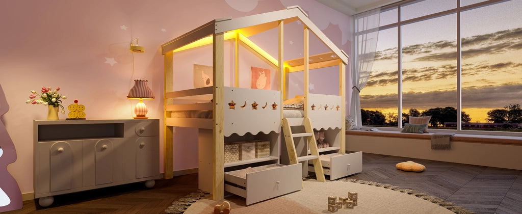 DESMIU Letto a soppalco per bambini 90 × 200 cm 1 posto con 2 cassetti, LED e scaffali, senza materasso