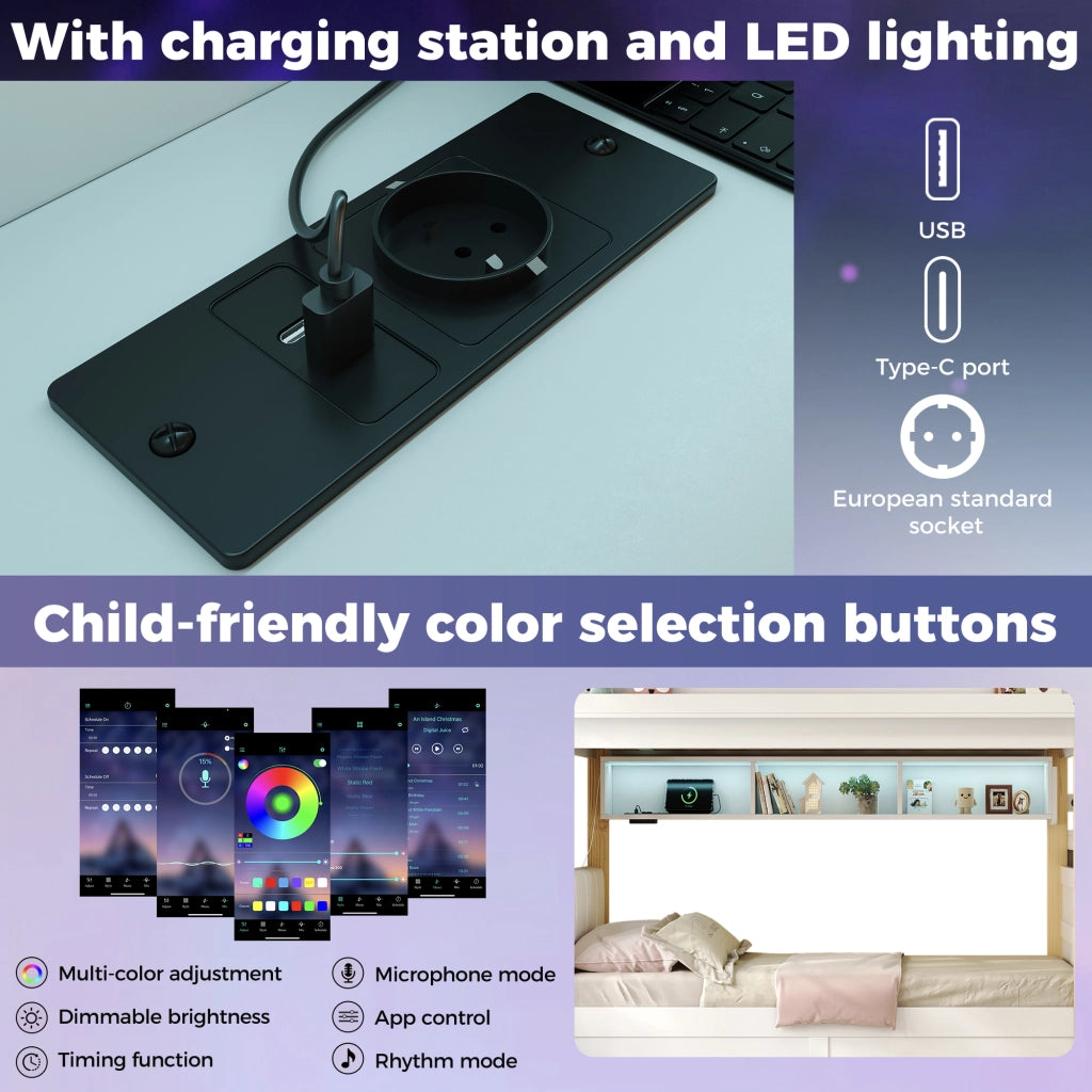 Letto a castello per bambini 90x200 + 90x200 cm con LED, USB, scala contenitore e letto inferiore con contenitore idraulico, bianco
