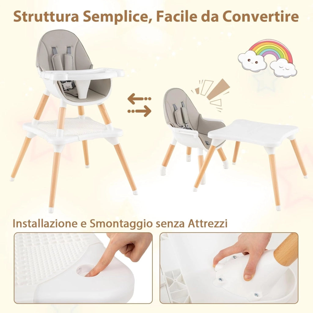 6-in-1 Seggiolone per Neonati, Seggiolone Prima Pappa, Tavolo e Sedia Convertibile per Bambini, Imbracatura di Sicurezza, Vassoio Rimovibile, per Bambini 6-36 Mesi (Grigio+Bianco)