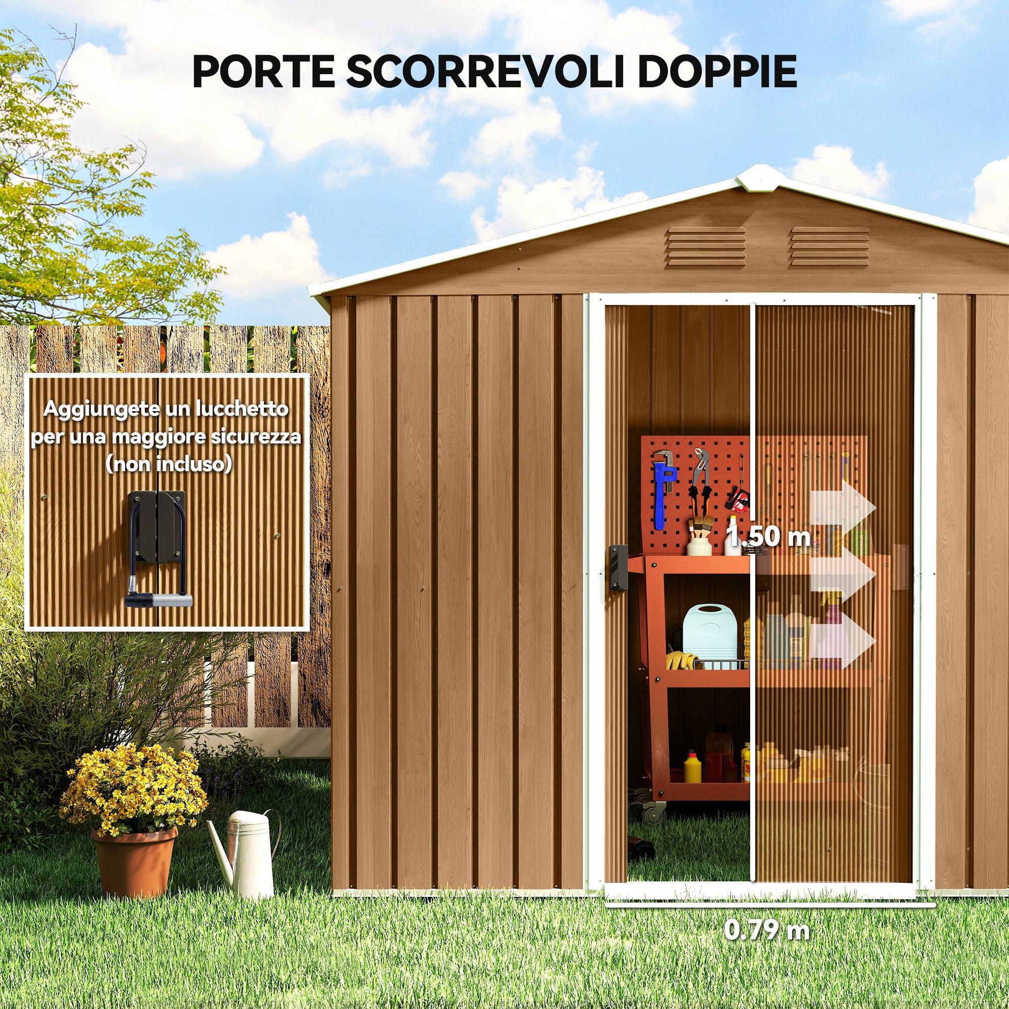 Casetta da Giardino 236x174x190 cm con Porte Scorrevoli in Lamiera di Acciaio Marrone