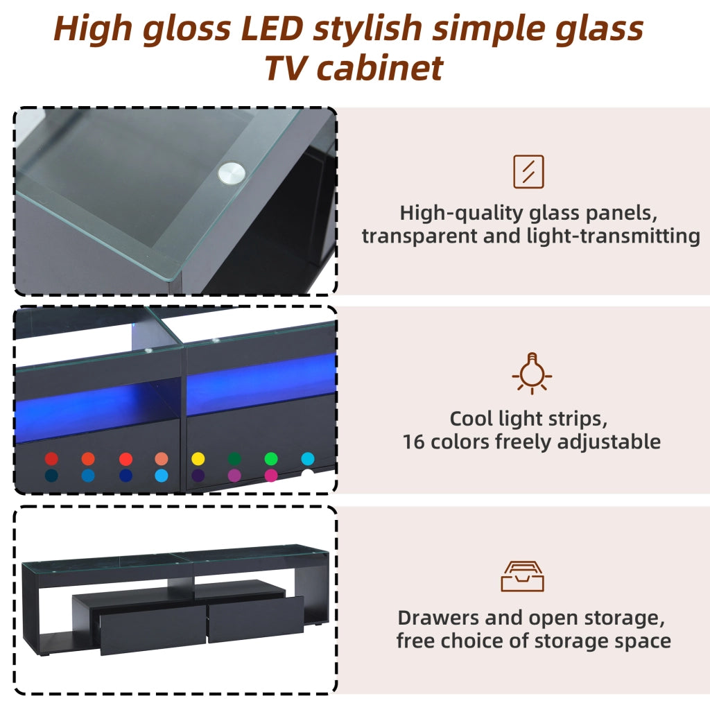 Mobile TV moderno con LED e 2 cassetti; 180x40x46 cm; nero lucido