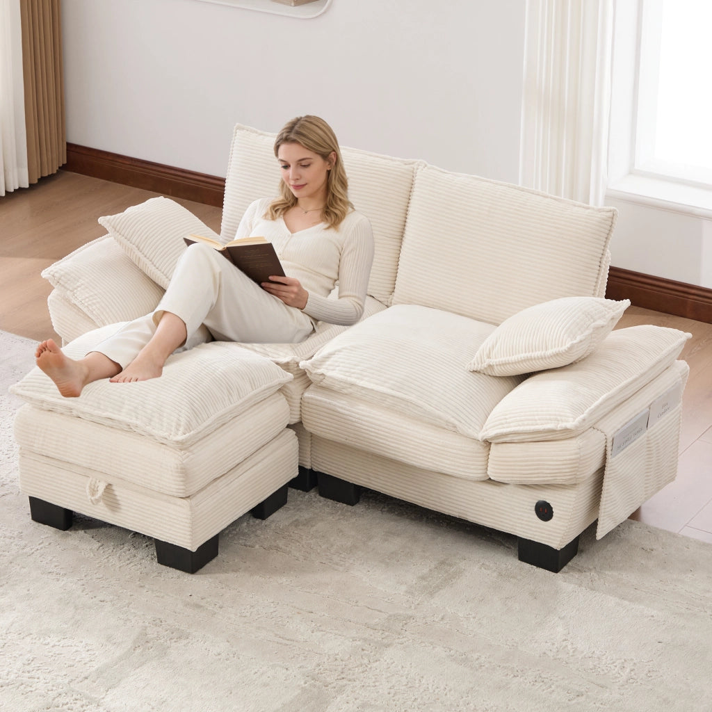 Divano 2 Posti con Poggiapiedi ¨C MINIMAL ¨C Beige, Tessuto, Cuscini