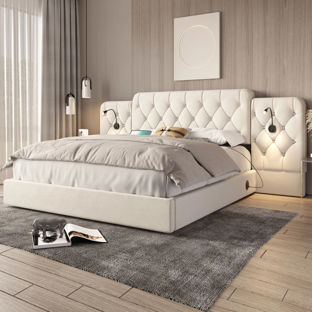 OKWISH Letto Contenitore 180×200 cm, Letto Matrimoniale con 4 Porte USB, Lampade da Lettura e Sollevamento Idraulico, senza Materasso, Velluto, Beige