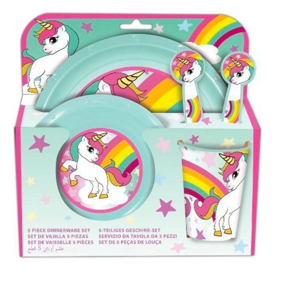 Trade Shop - Set Pappa Per Bambini 5 Pezzi Con Piatti Bicchieri E Posate Fantasia Unicorno -