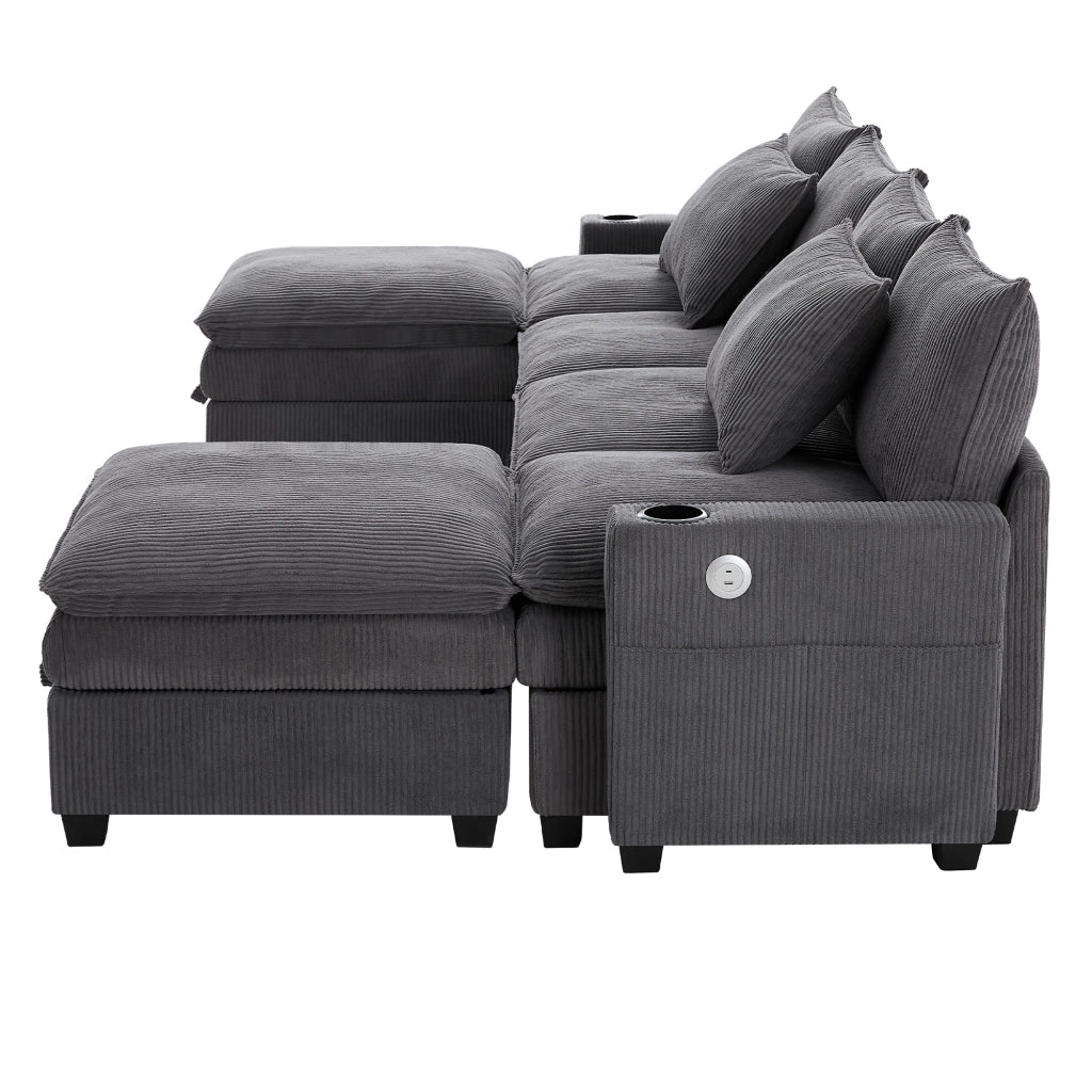 Divano Angolare Modulare con Poggiapiedi ¨C MINIMAL ¨C Tessuto a Coste, Grigio, USB, Contenitore