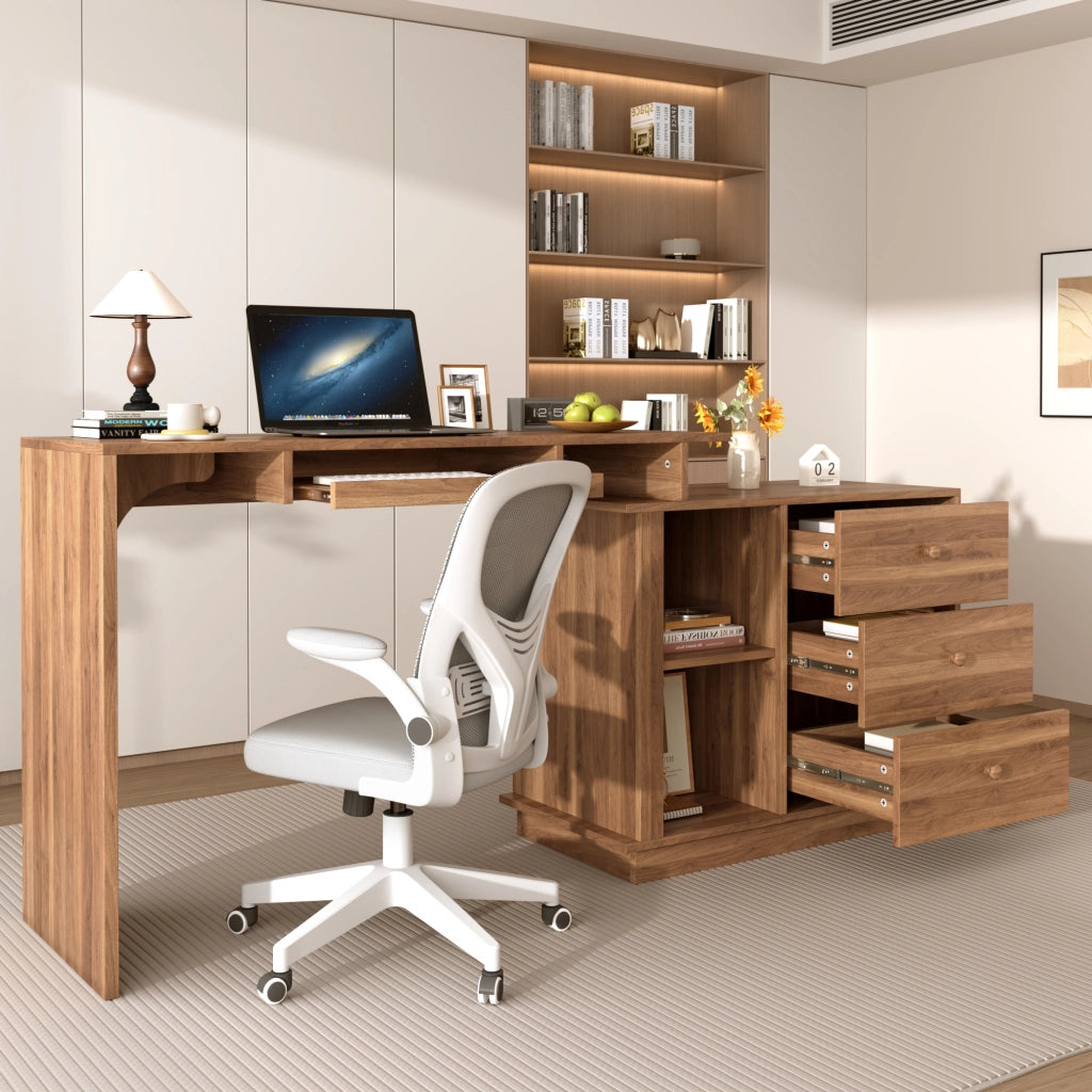 Scrivania estraibile con cassetto tastiera, 2 vani aperti e 3 cassetti, per studio, in MDF, noce, 110 × 40 × 75.5 cm