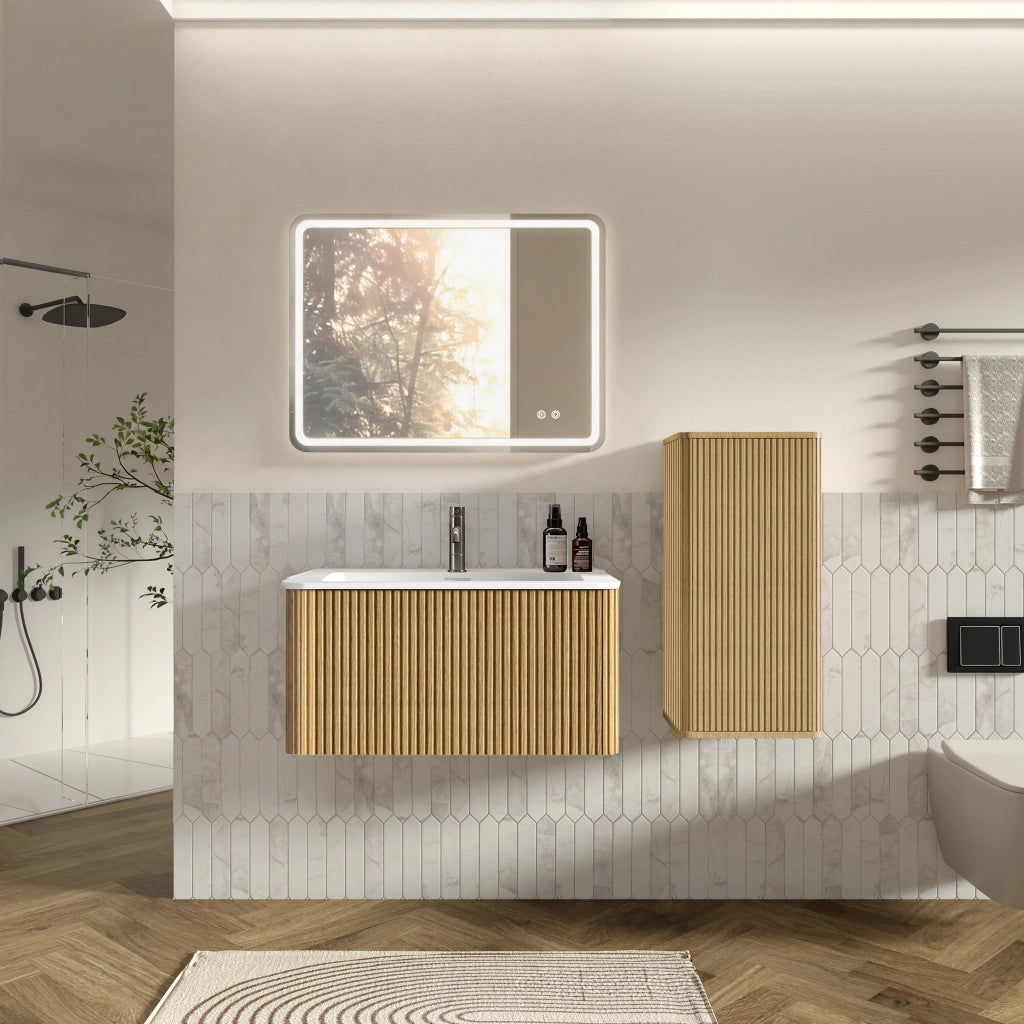 Set di mobili per soggiorno con lavabo, specchio LED e mobile laterale in MDF rovere bianco