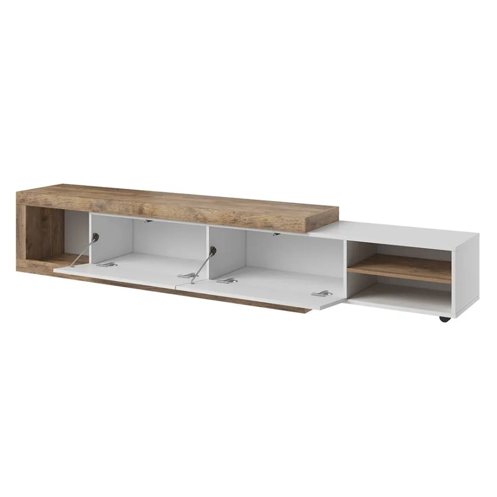 Mobile TV estensibile SINATRA – Rovere e bianco lucido – 2 porte + nicchie – L200 a 240 x H43,4 x P40 cm