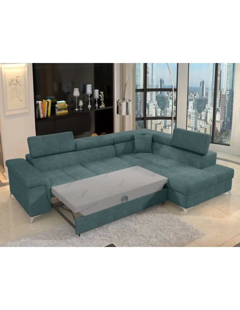 Divano angolare convertibile PALAZZO 4 posti verde blu – angolo destro con vano contenitore