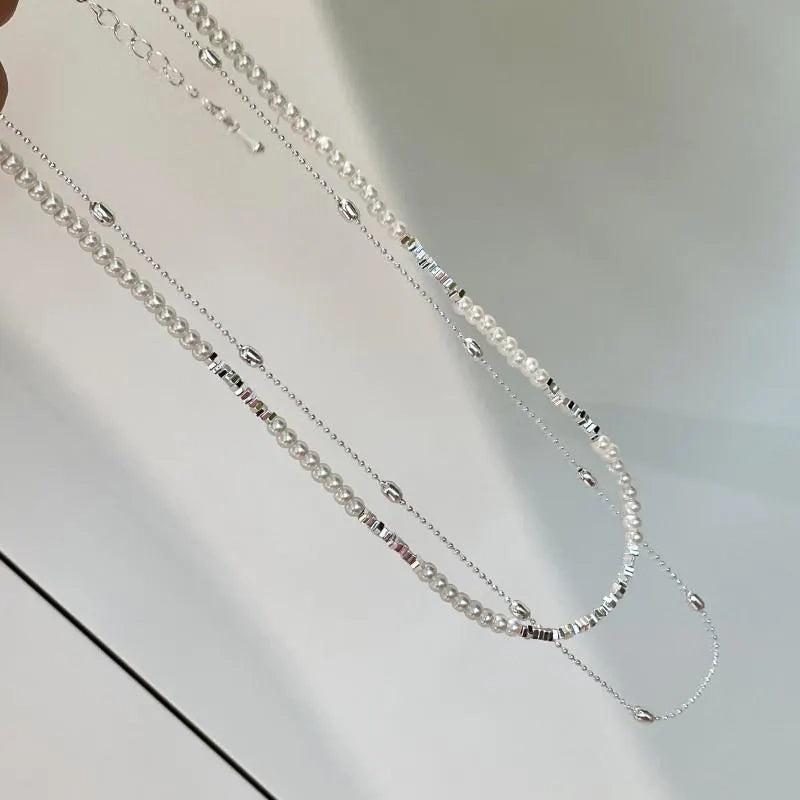 Collana a doppio strato di perle d'argento fatta a mano, regalo di Natale o di compleanno.